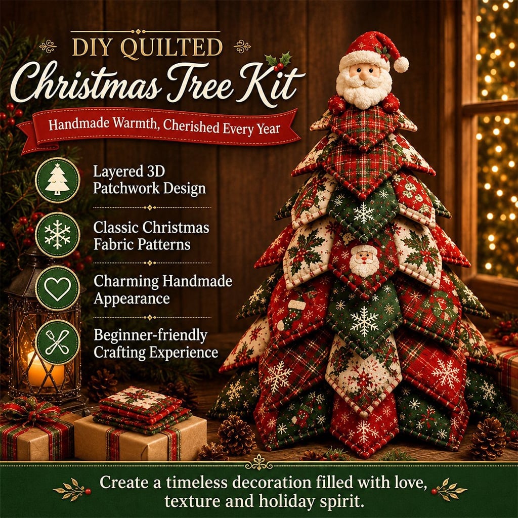 DIY Quilted Christmas Tree Kit – Handmade Fabric Holiday Tabletop Tree Decor