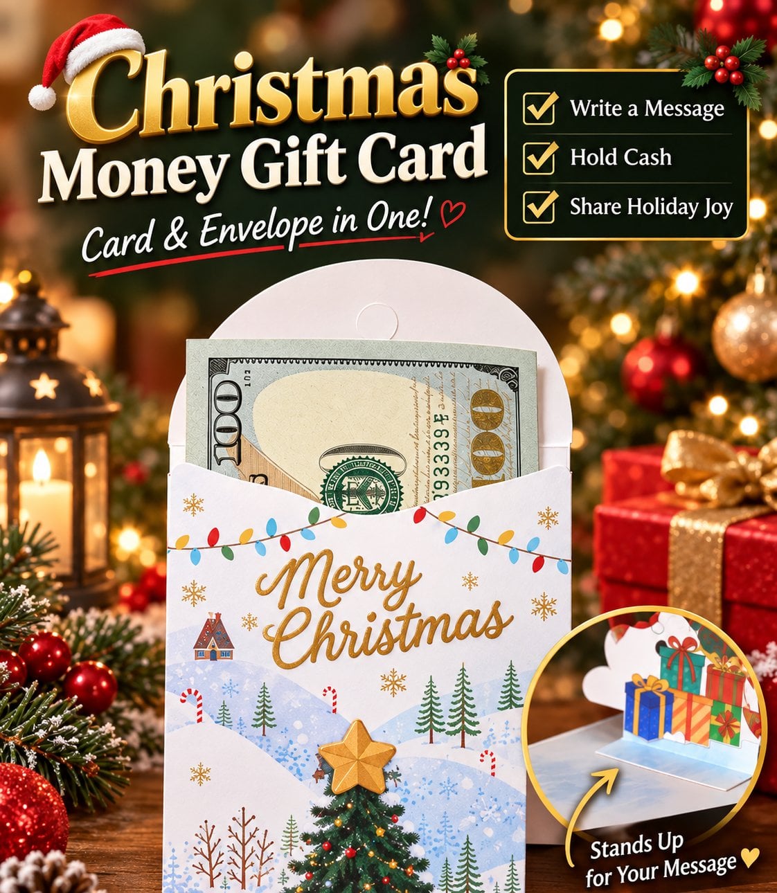 3D Christmas Money Gift Card, Pop Up Holiday Card with Cash Envelope, Creative Christmas Greeting Card for Kids, Family & Loved Ones